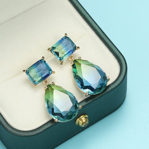 Luxury Square Blue Green Zircon Earrings for Women Trendy Jewelry Exquisite Gold Color Geometry Drop Dangle Earring