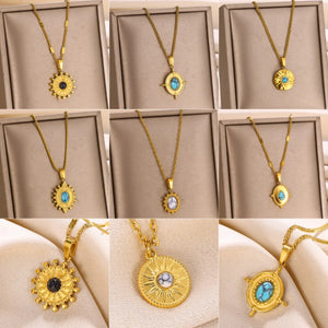 Natural Stone Round Necklace Stainless Steel Aesthetic Texture Pendant Necklaces For Women Gold Color Chain Trend Hippie Jewelry
