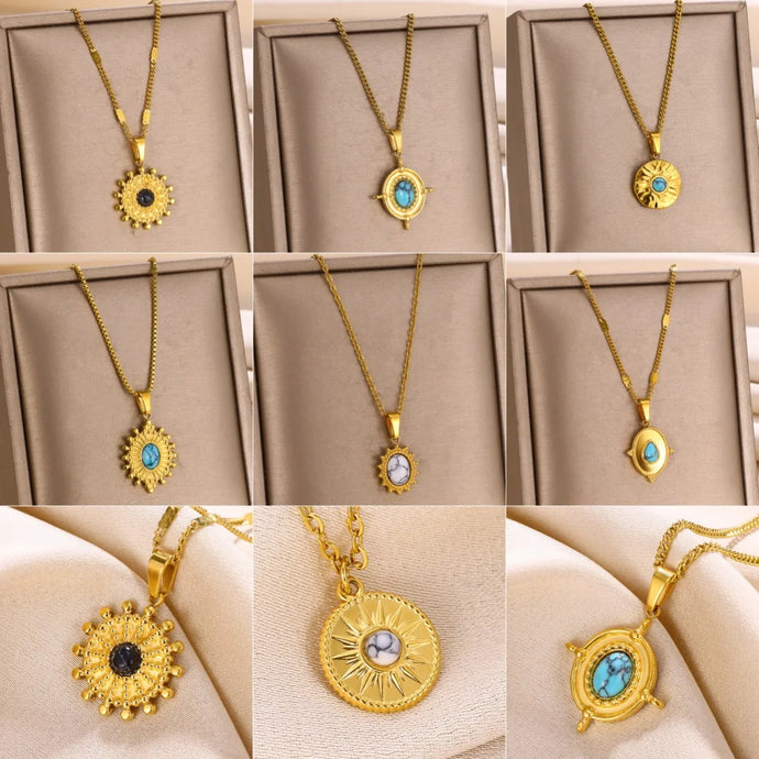 Natural Stone Round Necklace Stainless Steel Aesthetic Texture Pendant Necklaces For Women Gold Color Chain Trend Hippie Jewelry