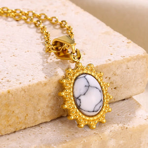 Natural Stone Round Necklace Stainless Steel Aesthetic Texture Pendant Necklaces For Women Gold Color Chain Trend Hippie Jewelry