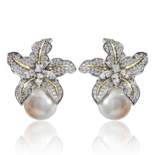 Load image into Gallery viewer, Huitan Gorgeous Flower Imitation Pearl Earrings Women Luxury Inlaid Sparkling CZ Stone Fashion Wedding Jewelry Wholesale Lots