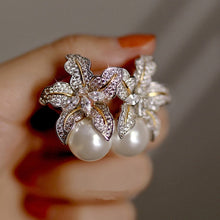 Load image into Gallery viewer, Huitan Gorgeous Flower Imitation Pearl Earrings Women Luxury Inlaid Sparkling CZ Stone Fashion Wedding Jewelry Wholesale Lots