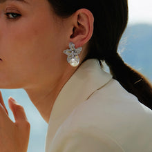 Load image into Gallery viewer, Huitan Gorgeous Flower Imitation Pearl Earrings Women Luxury Inlaid Sparkling CZ Stone Fashion Wedding Jewelry Wholesale Lots