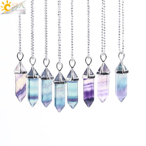 Fluorite Necklaces Crystal Pendants Natural Gem Stone Quartz Bullet Hexagonal Pendulum Suspension Jewelry