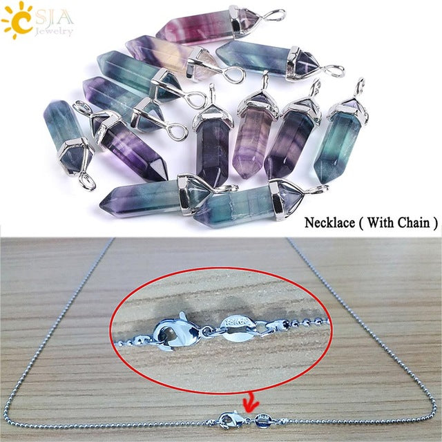 Fluorite Necklaces Crystal Pendants Natural Gem Stone Quartz Bullet Hexagonal Pendulum Suspension Jewelry