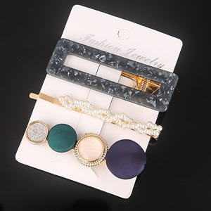 3 Pcs/set Alloy Acrylic Hair Clip  Geometric Barrette Pearl Hair Pin Leopard Hair Pins Women Hair Jewelry Accessories