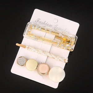 3 Pcs/set Alloy Acrylic Hair Clip  Geometric Barrette Pearl Hair Pin Leopard Hair Pins Women Hair Jewelry Accessories