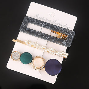3 Pcs/set Alloy Acrylic Hair Clip  Geometric Barrette Pearl Hair Pin Leopard Hair Pins Women Hair Jewelry Accessories