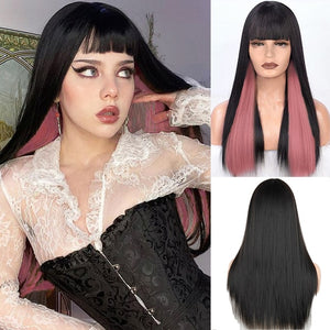Long Straight Wine Red Wig With Bangs Synthetic Hair Wigs Bang With Wig For Women Wine Red Heat Resistant Wigs