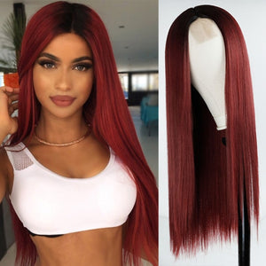 Long Straight Wine Red Wig With Bangs Synthetic Hair Wigs Bang With Wig For Women Wine Red Heat Resistant Wigs