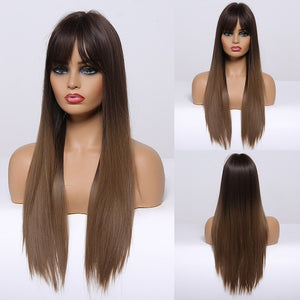 GEMMA Red Brown Copper Ginger Long Straight Synthetic Wigs for Women Natural Wave Wigs with Bangs Heat Resistant Cosplay Hair