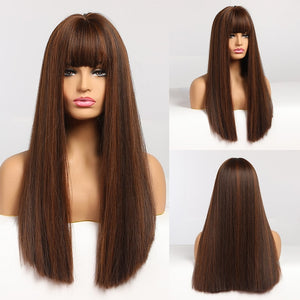 GEMMA Red Brown Copper Ginger Long Straight Synthetic Wigs for Women Natural Wave Wigs with Bangs Heat Resistant Cosplay Hair