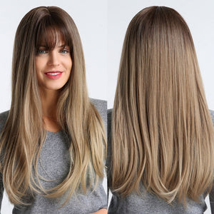 GEMMA Red Brown Copper Ginger Long Straight Synthetic Wigs for Women Natural Wave Wigs with Bangs Heat Resistant Cosplay Hair