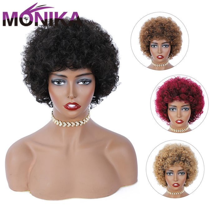 Monika Short Afro Loose Curly Natural Black Ombre Color Human Hair Wigs With Bangs Brazilian Non-Remy Human Hair Wigs For Women