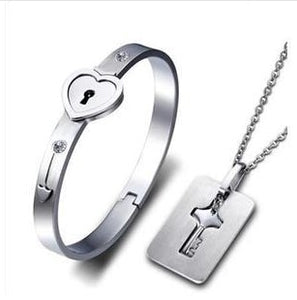 Couples Jewelry Set Stainless Steel Love Heart Lock Bracelet