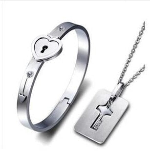Couples Jewelry Set Stainless Steel Love Heart Lock Bracelet