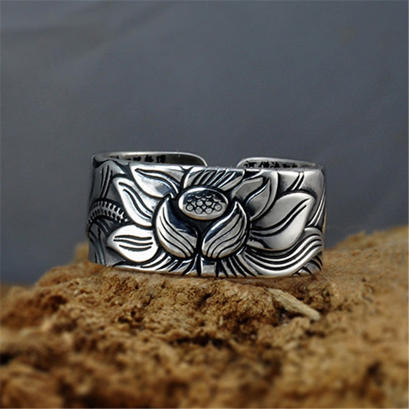 100%Pure Silver Jewelry Lotus Flower Open Ring For Men