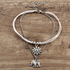 Vintage Multiple Layers Anklets Retro Elephant Sun Pendant Foot Jewelry