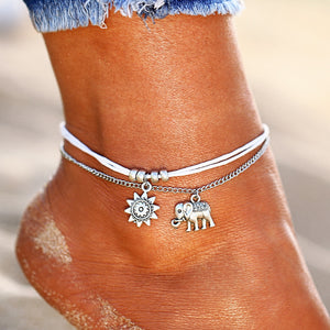 Vintage Multiple Layers Anklets Retro Elephant Sun Pendant Foot Jewelry