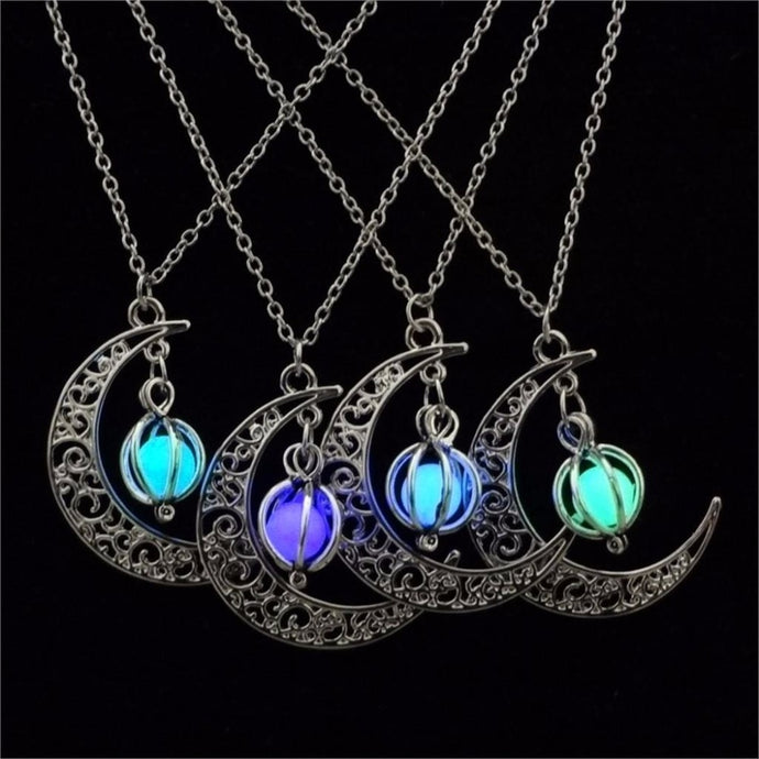 Night moon  glow In the dark pendant necklaces with longsilver plated chain