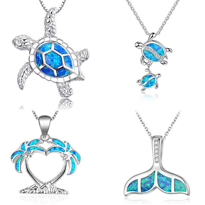 Fashion Silver Filled Blue Imitati Opal Sea Turtle Pendant Necklace for Women