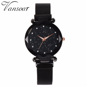 Women Mesh Magnet Buckle Starry Sky Geometric Surface Quartz Watch