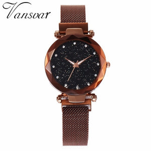 Women Mesh Magnet Buckle Starry Sky Geometric Surface Quartz Watch