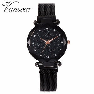 Women Mesh Magnet Buckle Starry Sky Geometric Surface Quartz Watch