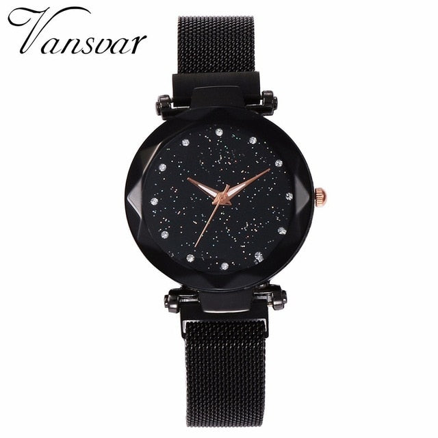 Women Mesh Magnet Buckle Starry Sky Geometric Surface Quartz Watch