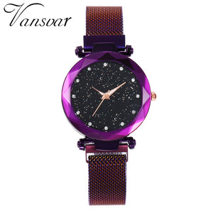 Women Mesh Magnet Buckle Starry Sky Geometric Surface Quartz Watch