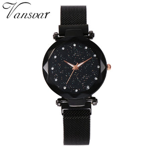 Women Mesh Magnet Buckle Starry Sky Geometric Surface Quartz Watch
