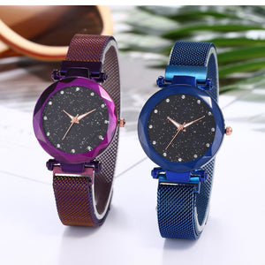 Women Mesh Magnet Buckle Starry Sky Geometric Surface Quartz Watch