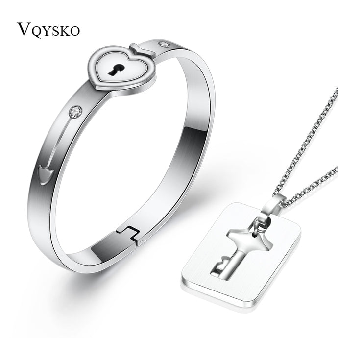Couples Jewelry Set Stainless Steel Love Heart Lock Bracelet