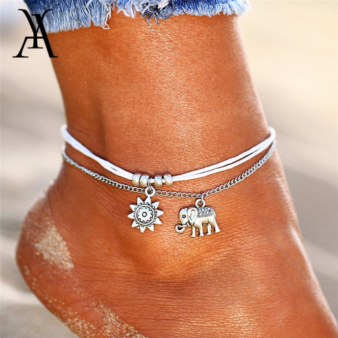 Vintage Multiple Layers Anklets Retro Elephant Sun Pendant Foot Jewelry