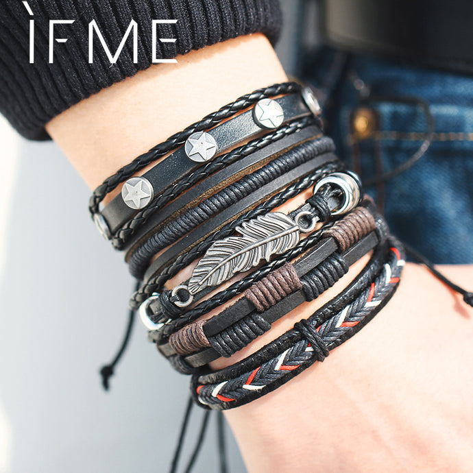 Vintage leaf feather multilayer leather bracelet for men