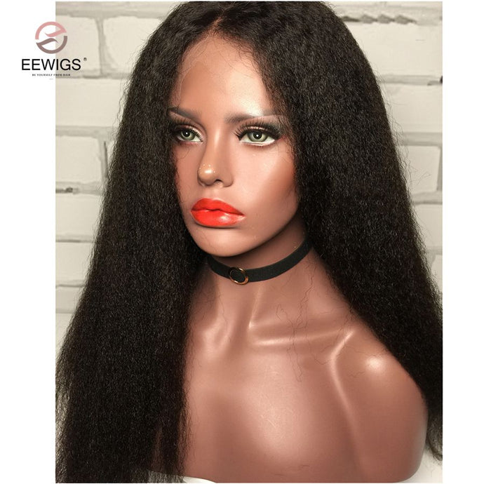EEWIGS Kinky Straight Synthetic Wig 180% Density Black Wig With Natural Hairline Heat Resistant Lace Front Wigs For Black Women