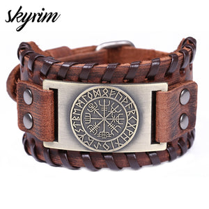Vintage Viking Compass Genuine Leather Bracelet for Men Jewelry Accessories for men