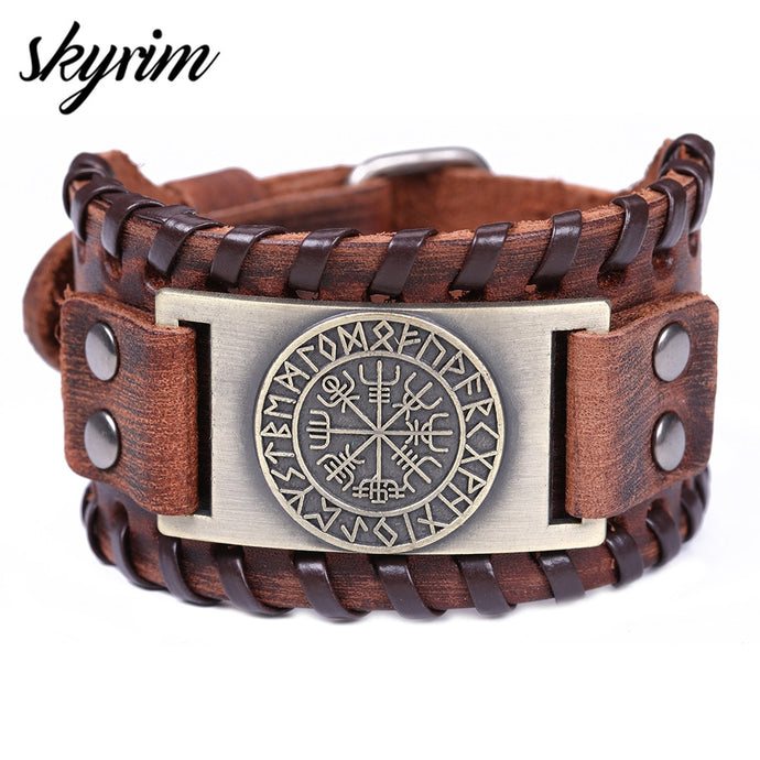 Vintage Viking Compass Genuine Leather Bracelet for Men Jewelry Accessories for men