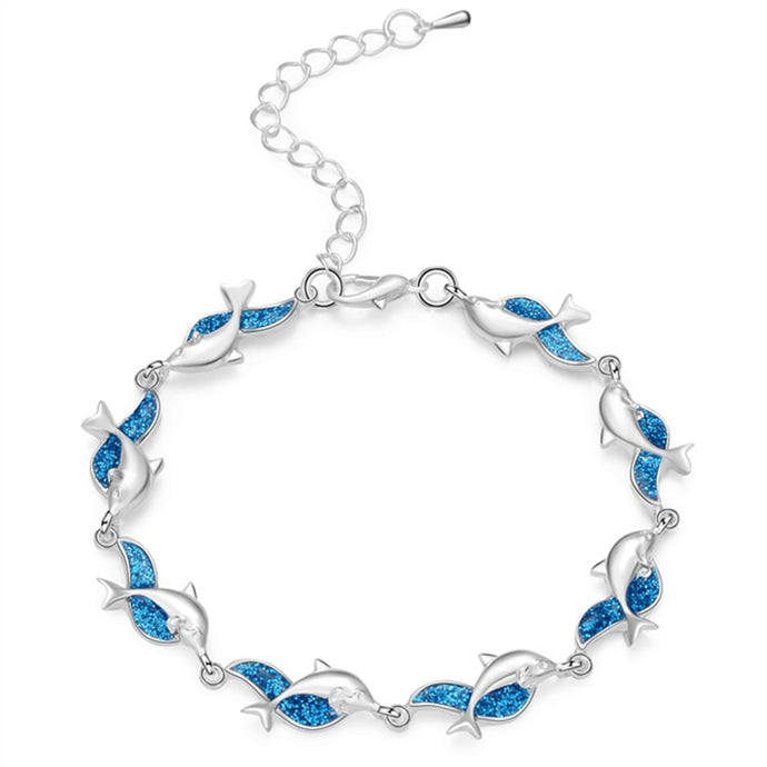 Summer dolphin turtle bracelet blue opal silver color hand chain beach jewlery