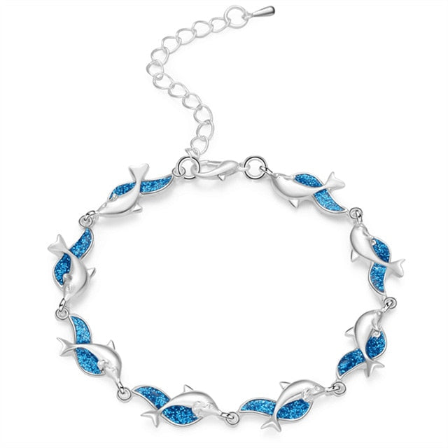 Summer dolphin turtle bracelet blue opal silver color hand chain beach jewlery